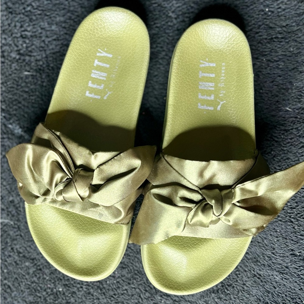 Olive Green Bow Slide Sandals